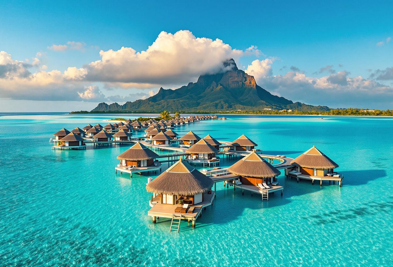 A serene landscape photograph of the Four Seasons Resort Bora Bora, featuring overwater bungalows in a turquoise lagoon with Mount Otemanu in the background, captured during a late afternoon sunset.