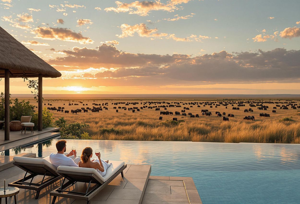 A wide-angle photograph of a luxury safari lodge in the Serengeti, featuring an infinity pool, lounging guests, and herds of wildebeest grazing in the background.