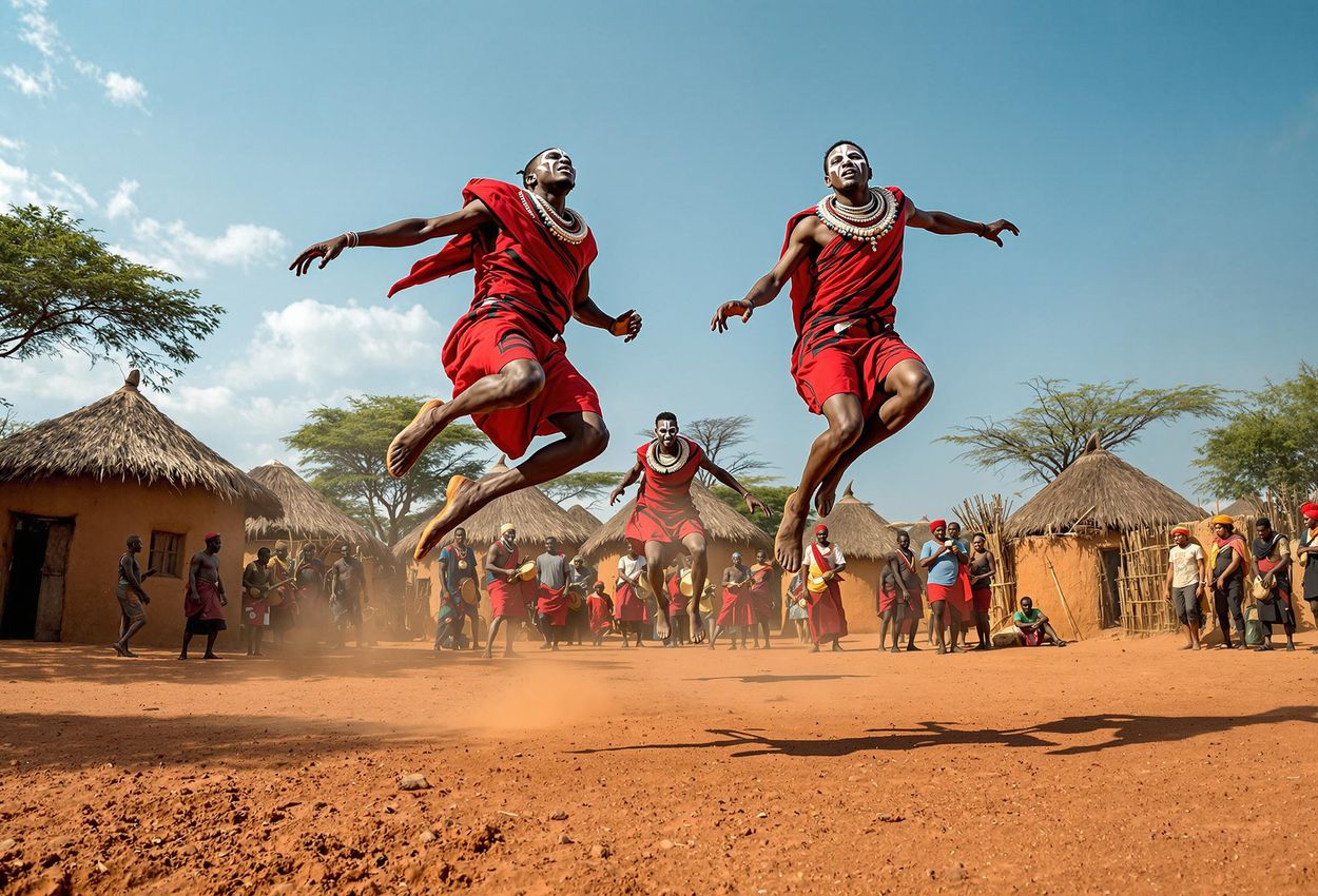 A candid photograph capturing the energy and cultural richness of Maasai warriors performing the Adumu dance in a traditional village near the Serengeti. The image showcases the vibrant colors, textures, and authentic traditions of the Maasai people.