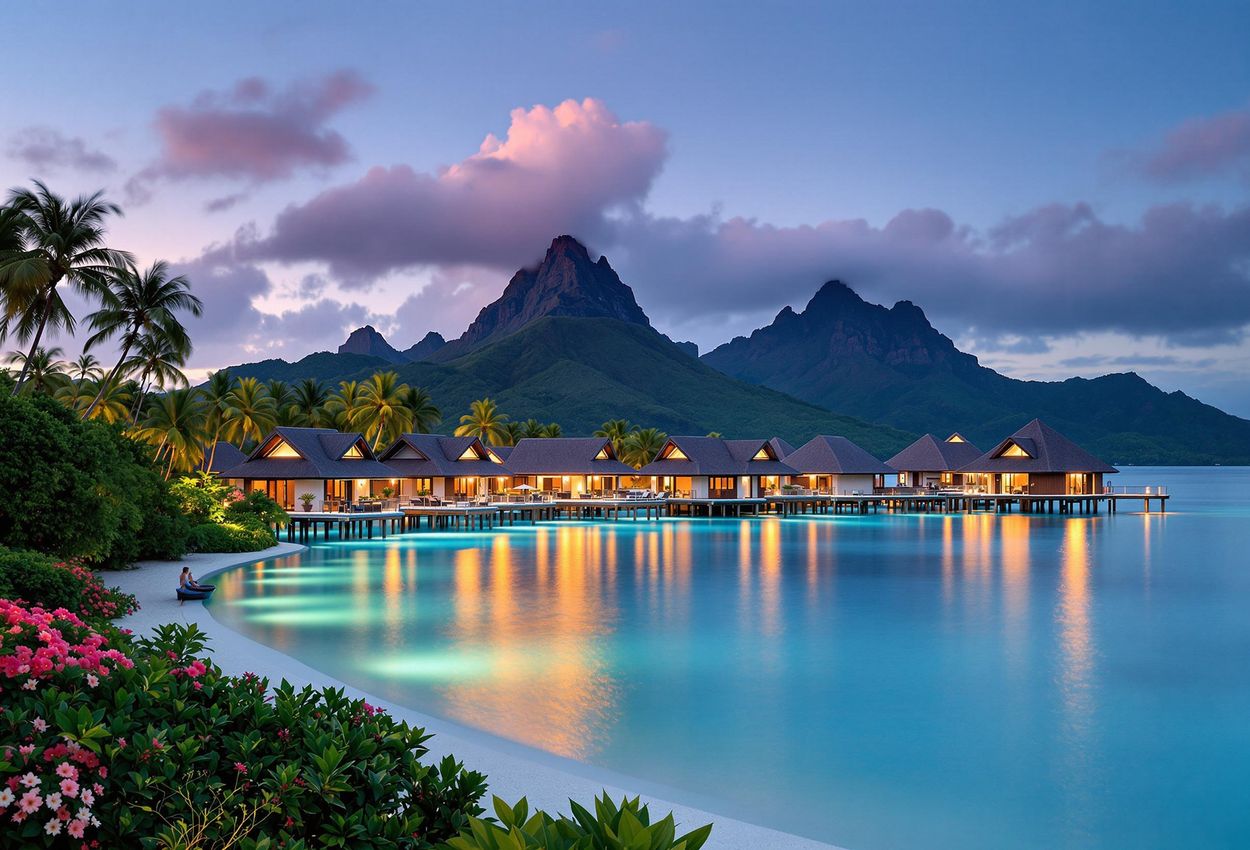A serene dusk photograph of the InterContinental Resort Tahiti, featuring overwater bungalows, volcanic peaks, and lush gardens, creating a tranquil and luxurious ambiance.
