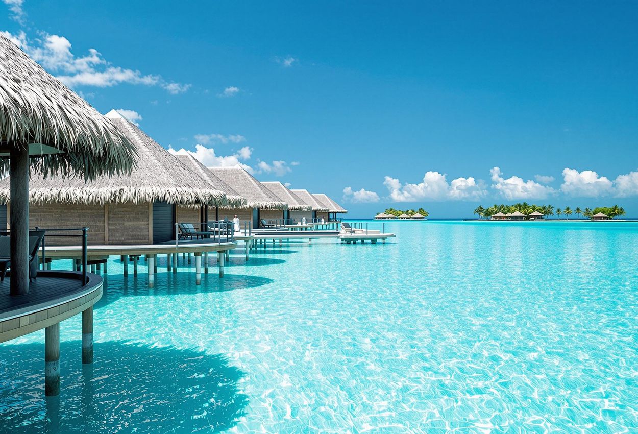 A serene landscape photograph of Hotel Kia Ora Rangiroa featuring traditionally designed overwater bungalows on a crystal-clear lagoon. Palm trees sway gently in the distance, creating a tranquil and luxurious scene.