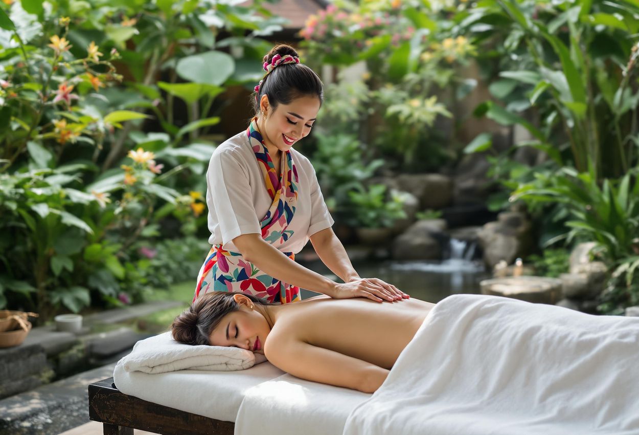 A visually descriptive image of a Balinese healer giving a traditional massage in a lush Ubud garden. The scene captures the serenity and healing atmosphere of Balinese wellness practices.
