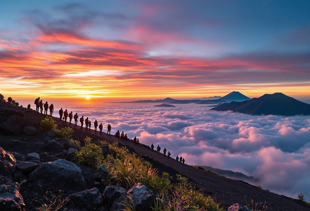 A stunning panoramic photograph captures the vibrant sunrise from Mount Batur, with Mount Agung and Mount Rinjani visible in the distance. Hikers are silhouetted against the colorful sky.