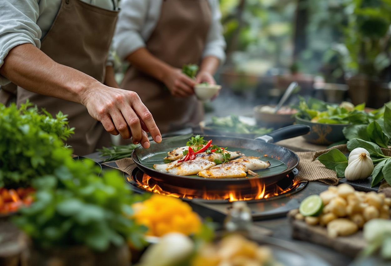 A close-up photo captures a Balinese cooking class in Ubud, where participants learn to prepare Pepes Ikan around a traditional wood-fired stove, surrounded by fresh ingredients and lush scenery.