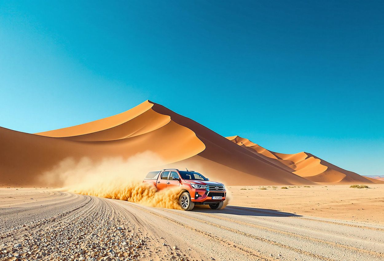 A wide-angle photograph capturing a 4x4 vehicle traversing a gravel road in the Namib Desert, with towering dunes and a clear blue sky. The image conveys a sense of adventure and the vastness of the desert landscape.