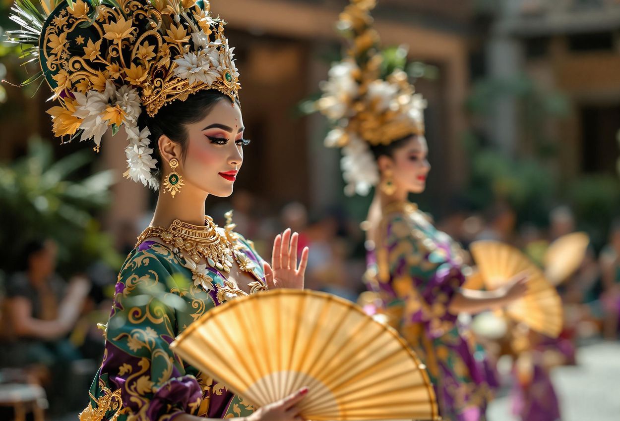 A captivating photograph capturing the beauty and cultural richness of a Legong dance performance at Ubud Palace in Bali, Indonesia.