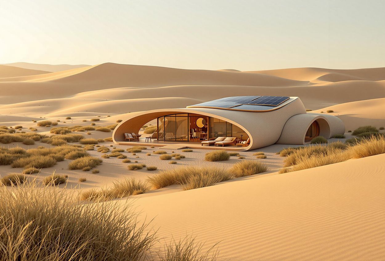 A medium shot of a sustainable eco-lodge nestled among untouched sand dunes, photographed during the golden hour. The lodge is constructed with natural materials and features solar panels, blending seamlessly with the environment.