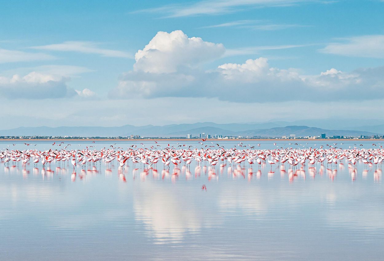A stunning photograph capturing a large flock of flamingos in the serene Walvis Bay lagoon, Namibia, with the town visible in the distance under a clear sky.