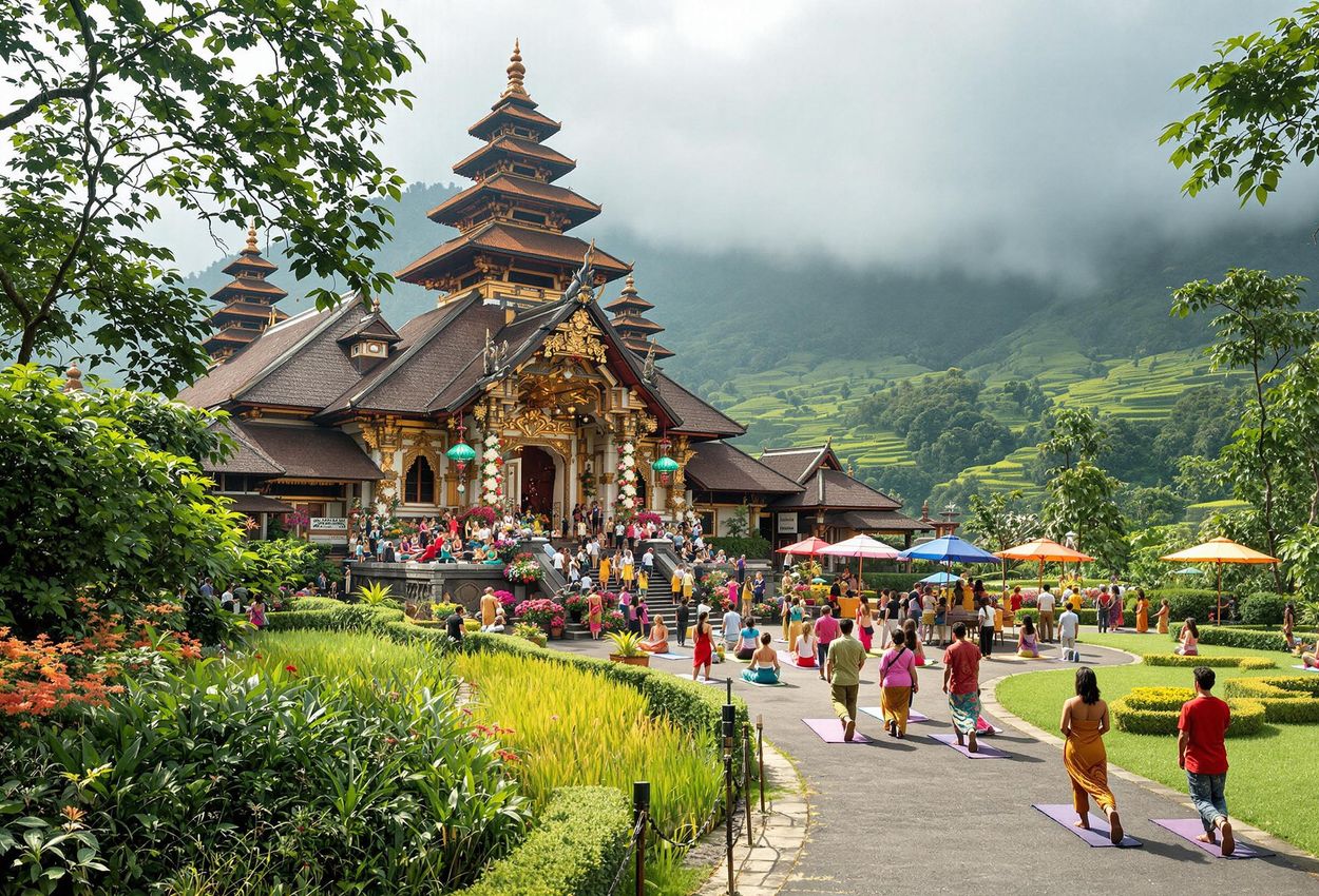A photograph capturing the serene atmosphere of a Balinese temple during a wellness festival, showcasing traditional architecture, vibrant decorations, and people engaged in spiritual activities.