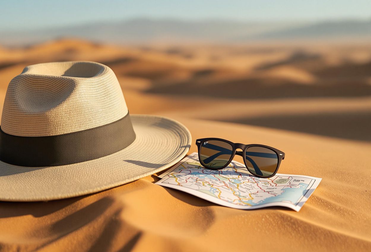 A close-up photograph of essential packing items for a Namib Desert road trip, neatly arranged on a sand dune, emphasizing preparation and safety.