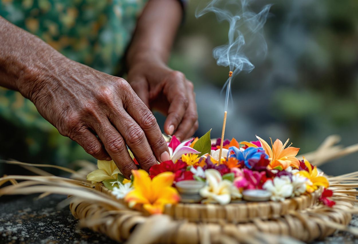 A close-up photograph capturing the reverence of Balinese culture as weathered hands place a Canang Sari offering at a temple.