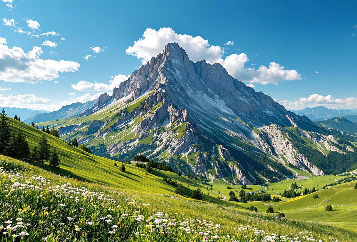A panoramic photograph of Mount Ljuboten in North Macedonia, showcasing its pyramidal shape, lush greenery, and clear blue sky. A perfect example of Balkan beauty.