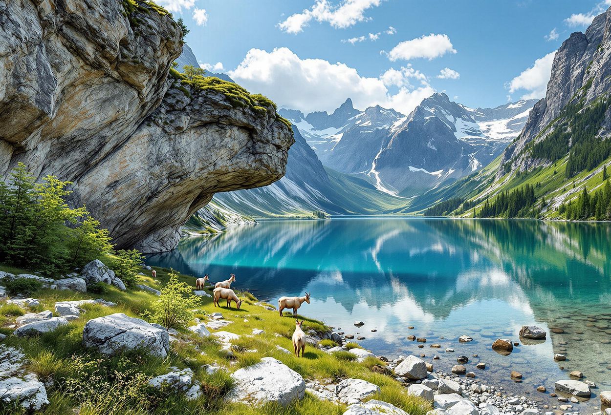 A stunning photograph of Livadicko Lake in the Šar Mountains, showcasing its crystal-clear water, rocky cirque setting, and grazing wild goats. A pristine alpine landscape.