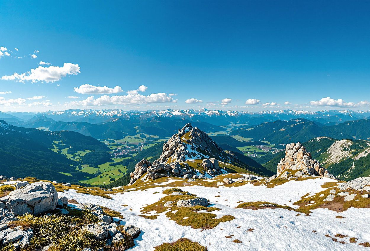 A stunning panoramic photograph from the summit of Titov Vrv, showcasing the Šar Mountains in late spring under a clear blue sky.