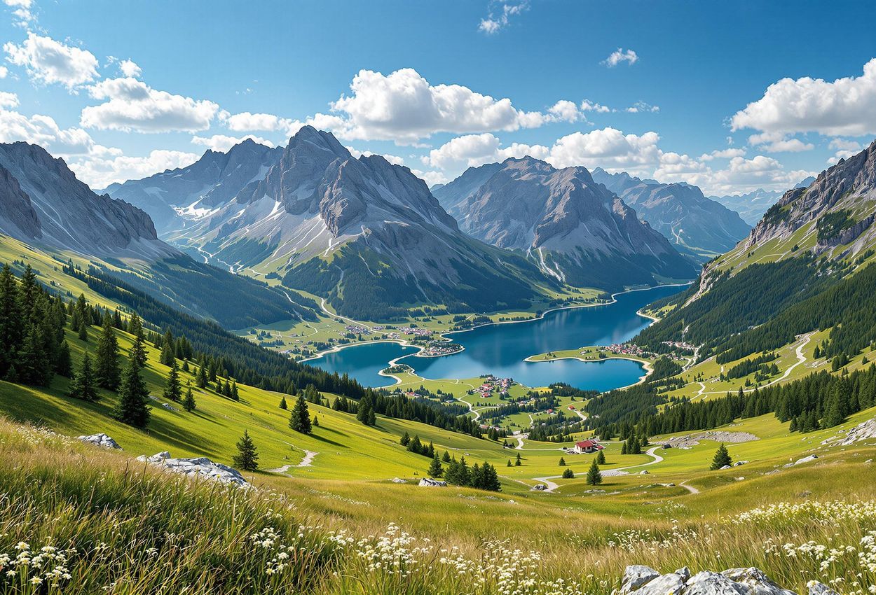 A stunning landscape photograph of Medenica Peak in Mavrovo National Park, showcasing Mavrovo Lake, the Radika River valley, and the peaks of Korab, Deshat, and Krchin in late spring.