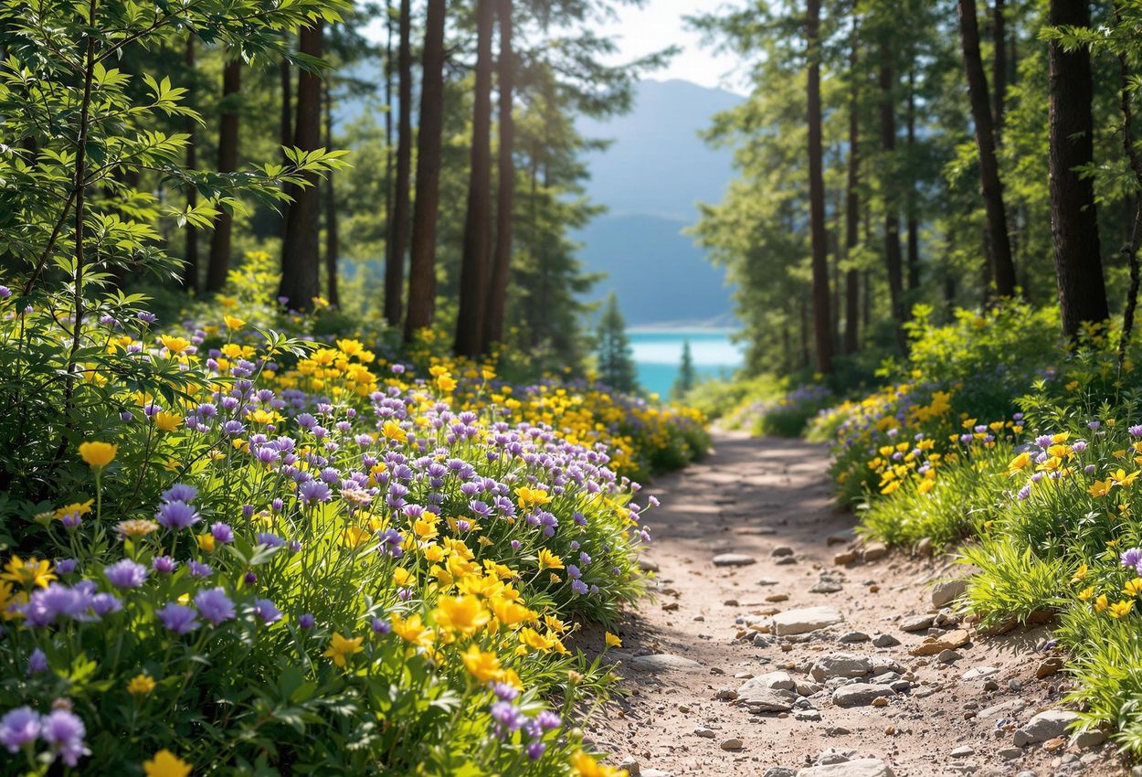 A photograph of a tranquil forest trail leading to Sandaktash Peak in Mavrovo National Park, North Macedonia, showcasing the natural beauty of the landscape in late spring.