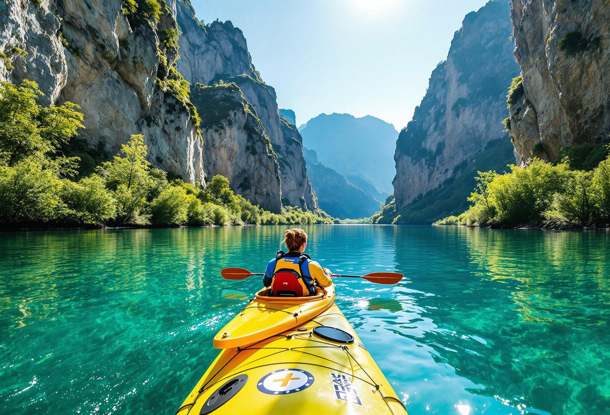 A wide-angle photograph captures kayakers paddling through the emerald waters of Matka Canyon, surrounded by towering cliffs under a clear blue sky.
