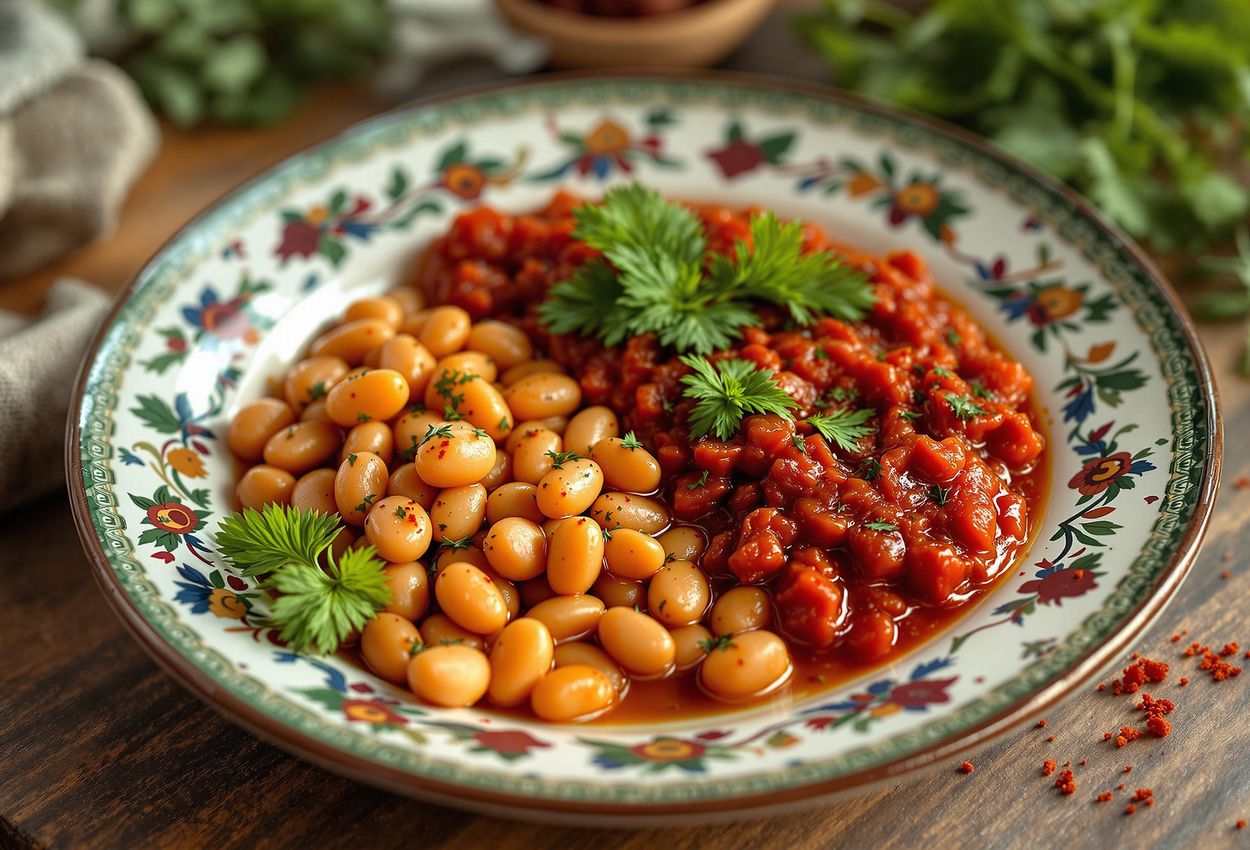 A close-up photograph of Tavče Gravče (baked beans) and Ajvar (red pepper relish) served on a traditional Macedonian plate, showcasing the rich flavors and cultural heritage of Macedonian cuisine.