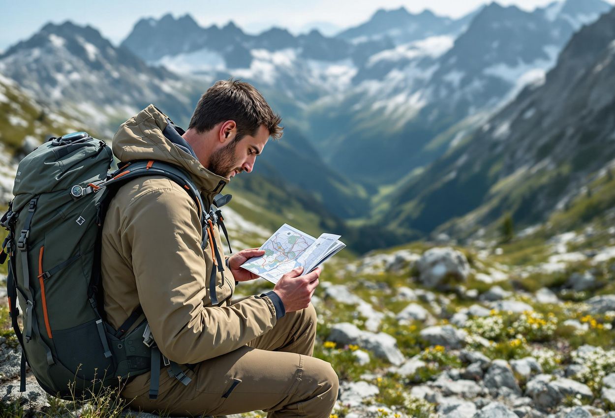 A photograph of a hiker consulting a GPS and paper map while trekking through the rugged Šar Mountains in late spring. The image captures the beauty and challenges of mountain navigation.