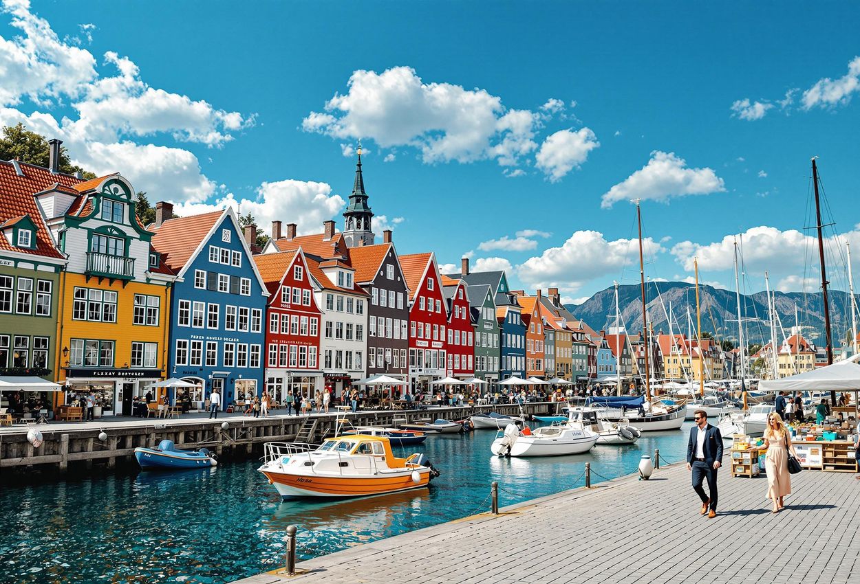 A wide-angle photograph of the colorful Bryggen wharf in Bergen, Norway, featuring historic wooden buildings, fishing boats, and tourists on a sunny spring day.