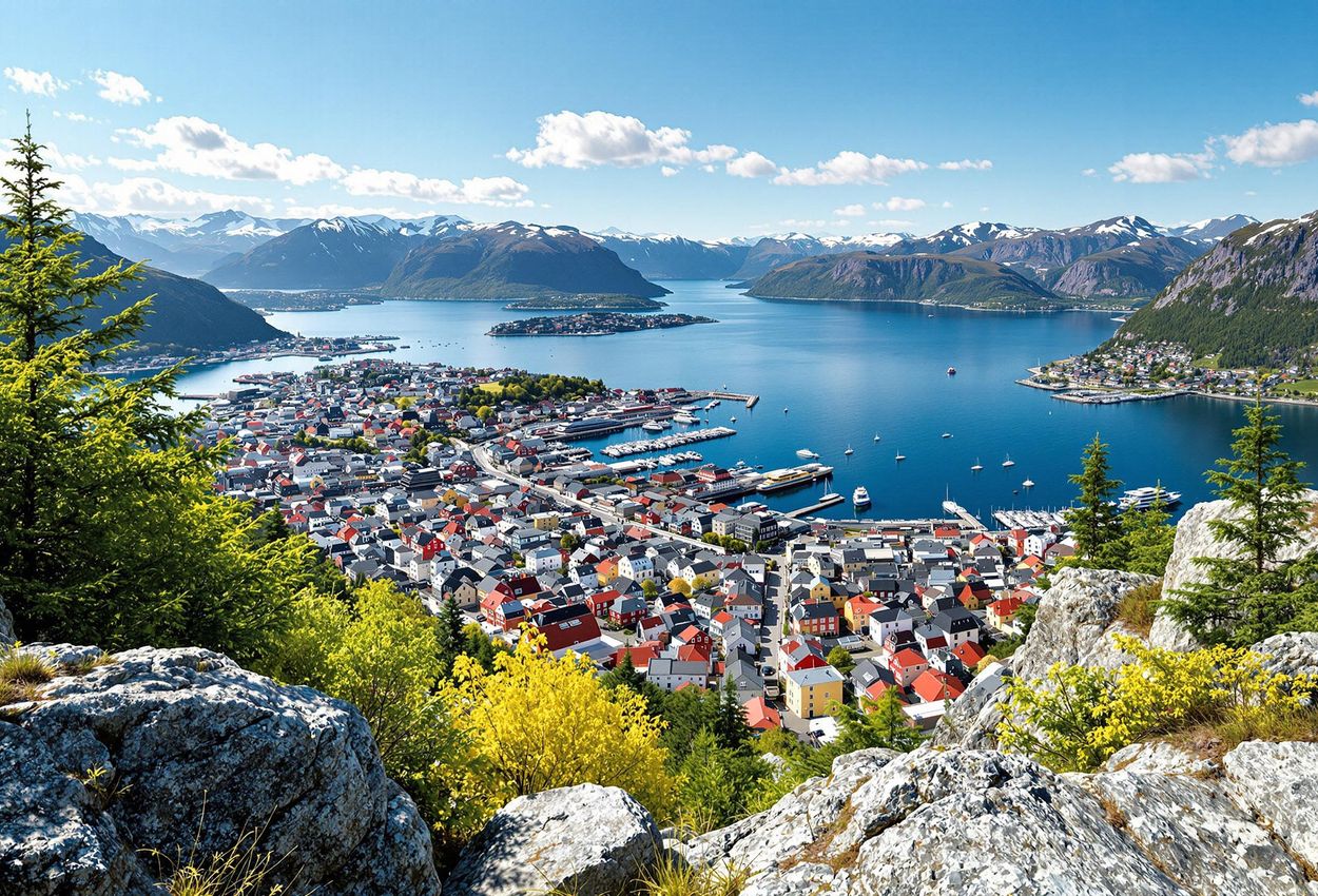 A stunning panoramic photograph captures the breathtaking view of Bergen, Norway, from the summit of Mount Fløyen, showcasing the colorful cityscape, surrounding fjords, and distant mountains.