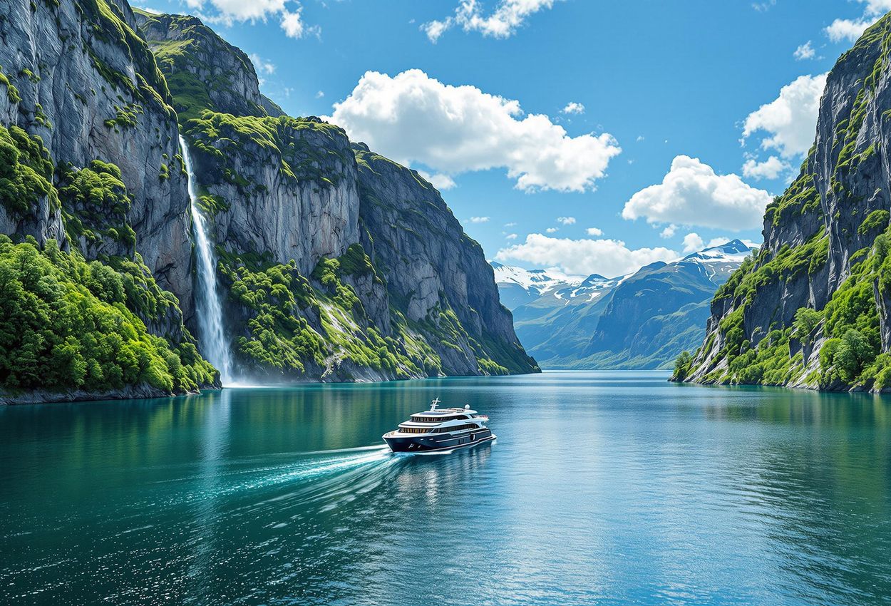A stunning photograph capturing a fjord cruise in Norway, showcasing towering cliffs, cascading waterfalls, and tranquil waters under a clear blue sky.