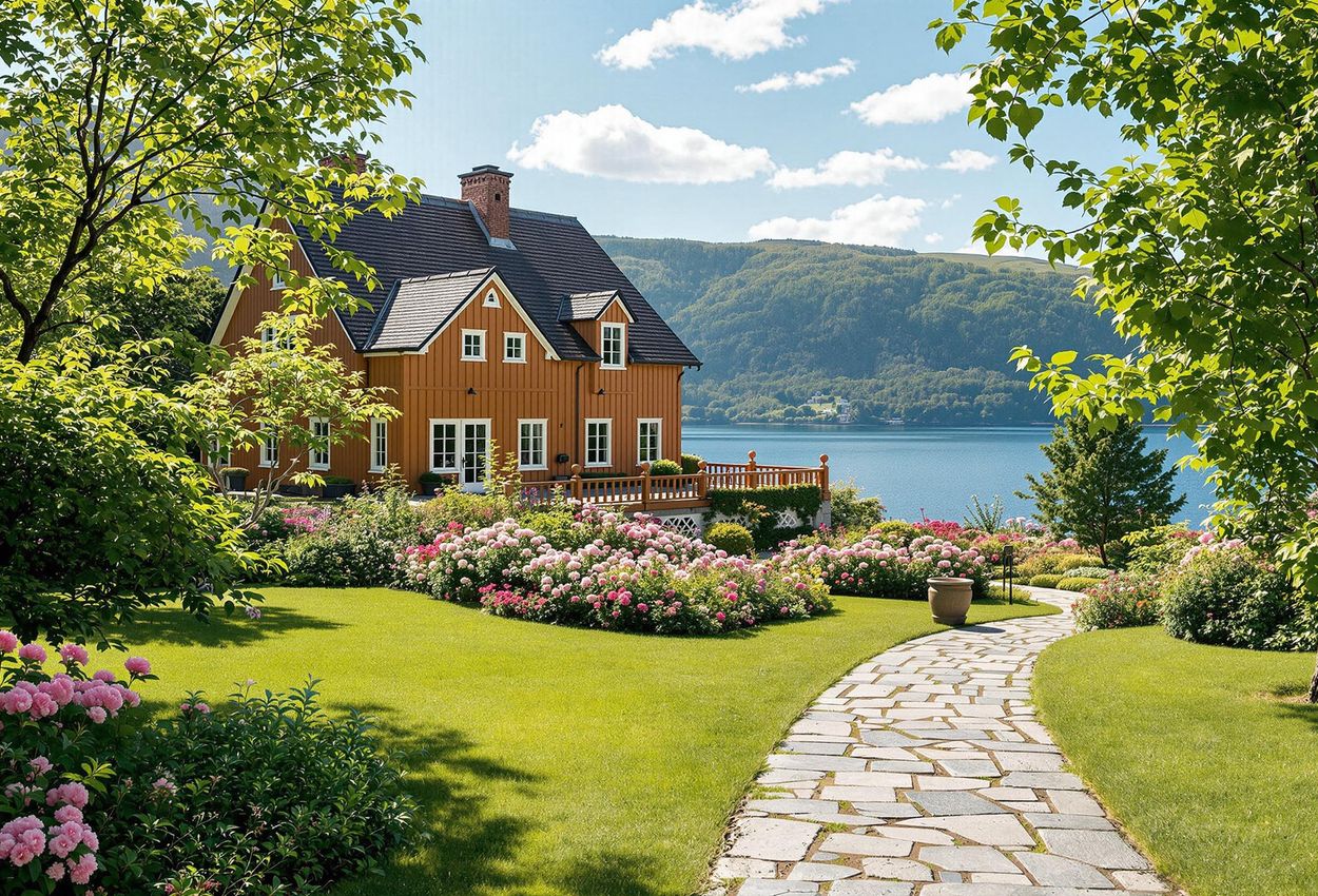 A photograph of Troldhaugen, the former home of composer Edvard Grieg, on a sunny spring day. The villa is surrounded by lush gardens and trees, creating a peaceful and tranquil atmosphere.
