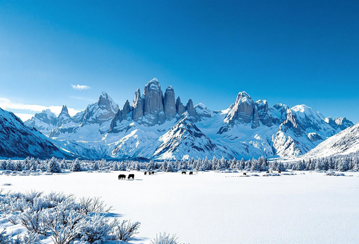 A panoramic photograph captures the stark beauty of Torres del Paine in winter, showcasing snow-covered mountains and plains under a clear blue sky.