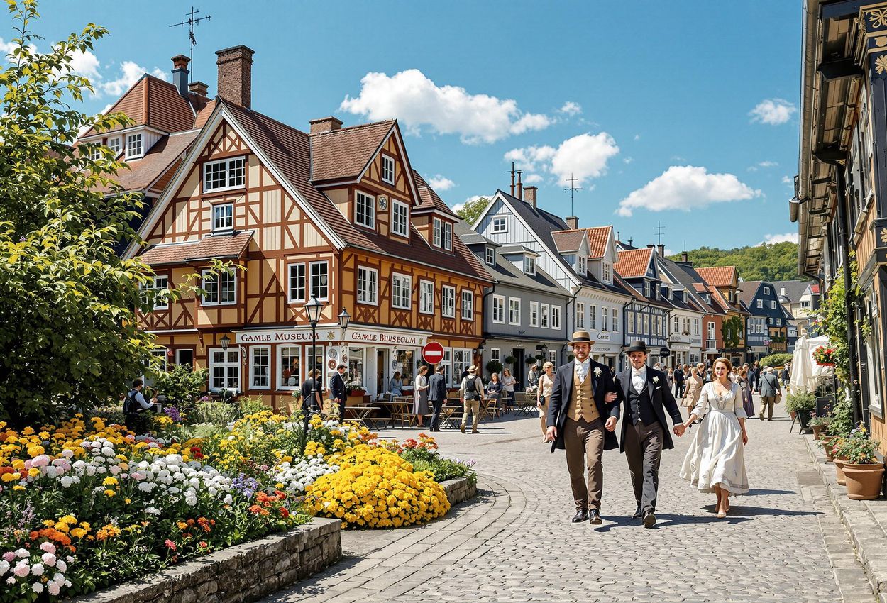 A wide, detailed photograph of Gamle Bergen Museum, showcasing reconstructed 18th and 19th-century wooden buildings and actors in period costumes on a sunny day.