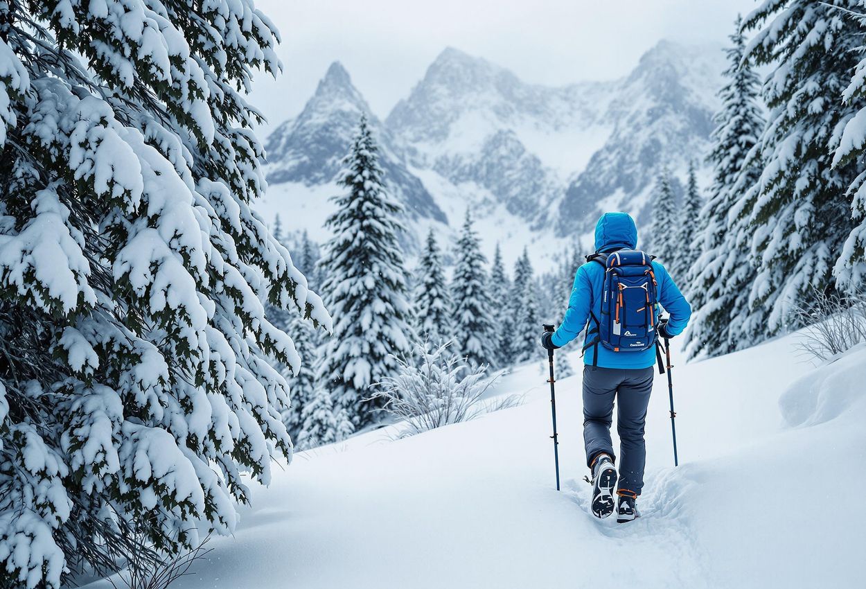 A lone hiker braves a snow-covered trail in Torres del Paine National Park. The image captures the stunning winter landscape and the hiker