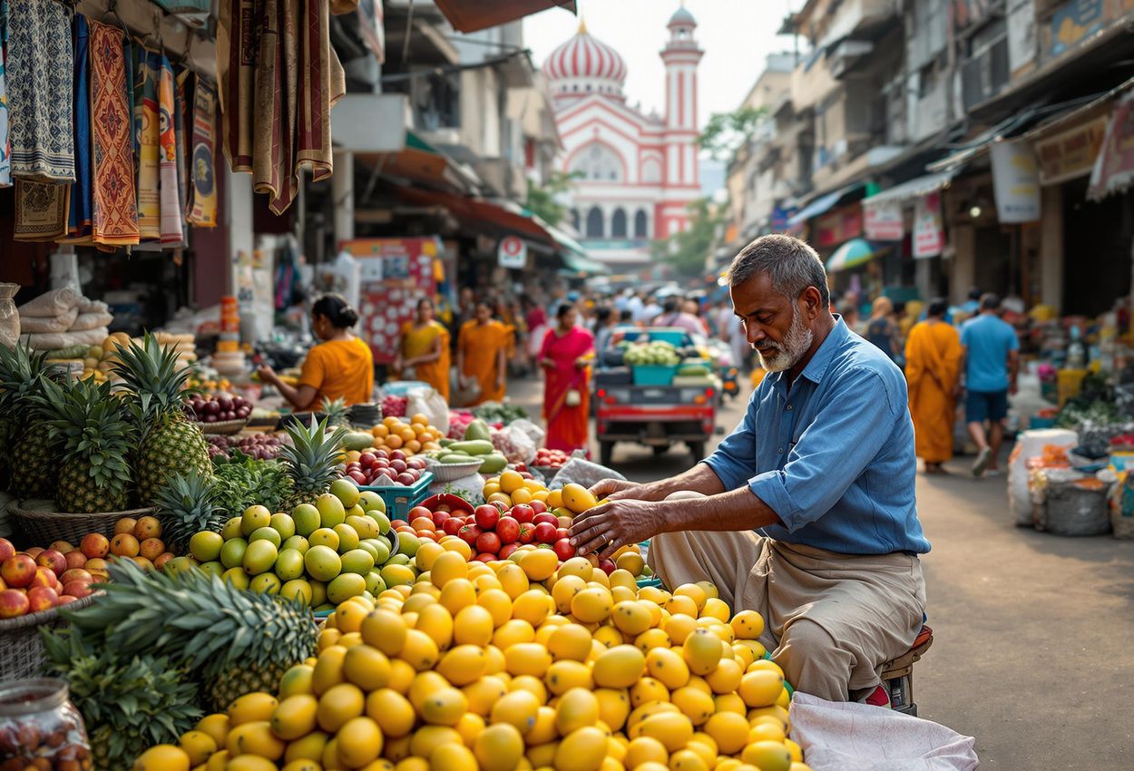 A detailed photograph capturing the bustling energy of Pettah Market in Colombo, Sri Lanka, featuring a vendor arranging fresh produce amidst the vibrant chaos.