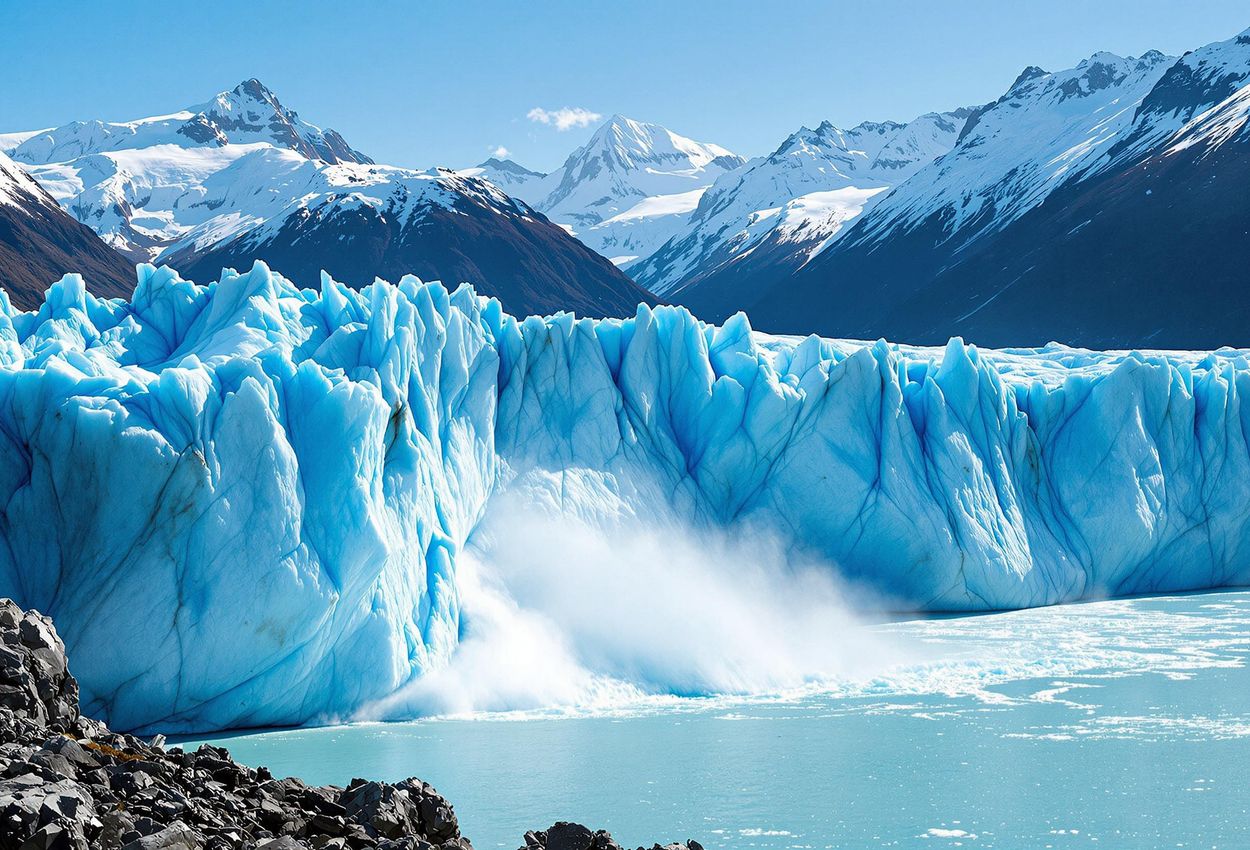A stunning photograph capturing the moment of a massive ice calving at the Perito Moreno Glacier in Patagonia, Argentina. The image showcases the glacier