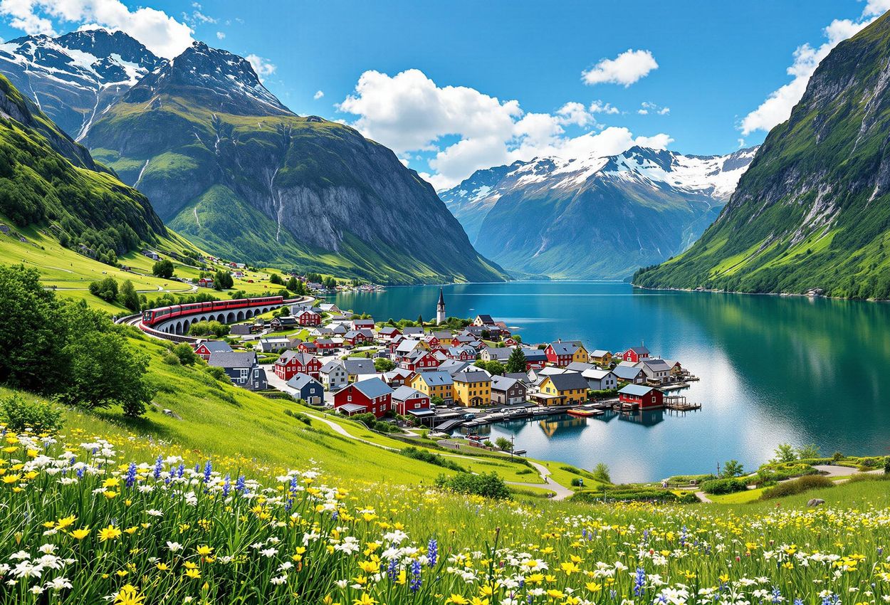 A stunning landscape photograph of Flåm, Norway, showcasing the village nestled at the end of the Aurlandsfjord, with the Flåm Railway winding through the mountains. A picturesque scene of natural beauty and Norwegian engineering.