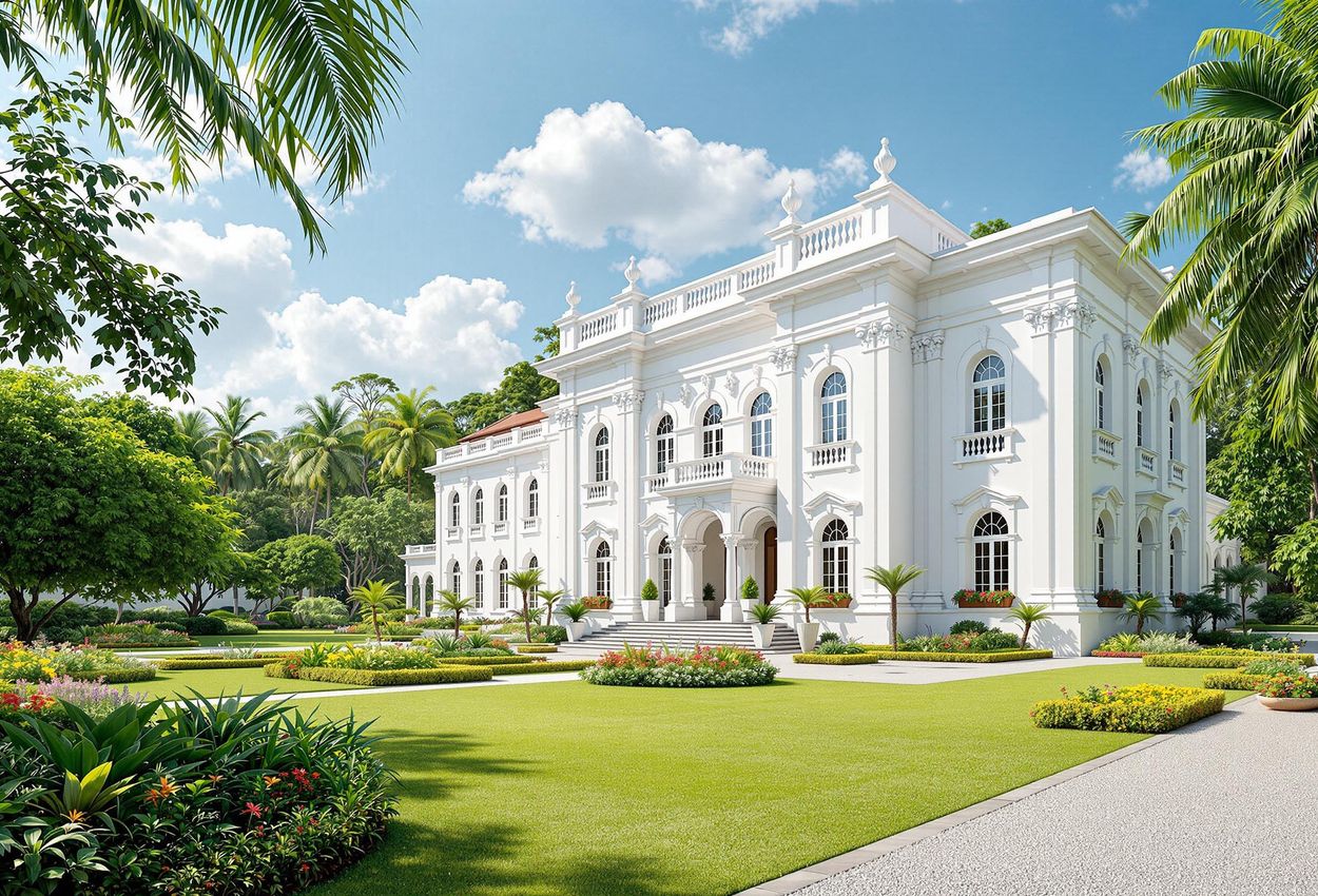 A daytime exterior shot of the National Museum of Colombo, showcasing its stunning Italianate architecture and lush gardens. The image captures the museum