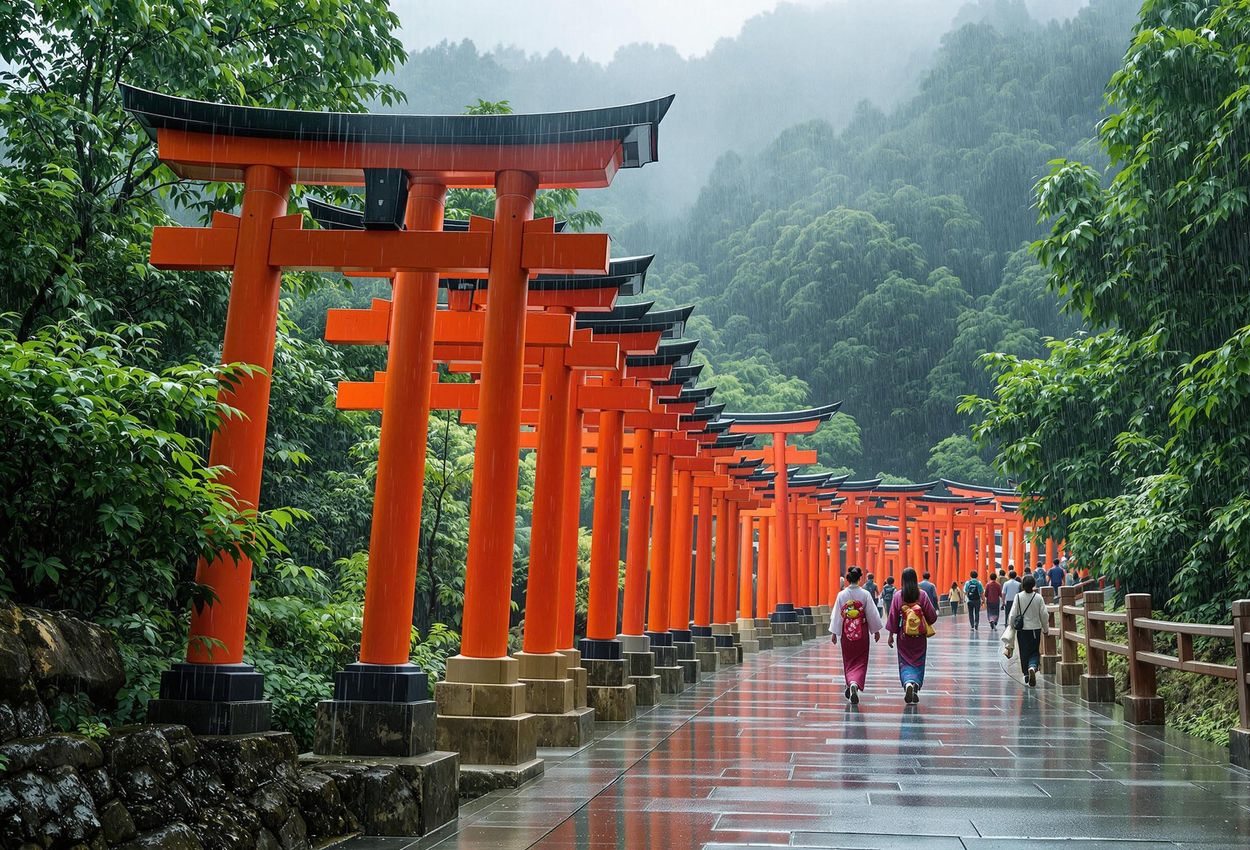 A captivating image of Fushimi Inari Shrine in Kyoto, Japan, showcasing the vibrant vermillion torii gates on a rainy day. The photo captures the spiritual atmosphere and the beauty of the shrine.