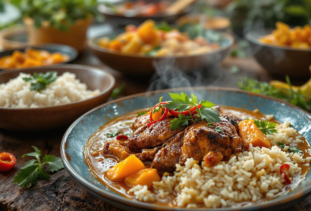 A detailed close-up photo showcasing the rich and diverse flavors of Sri Lankan cuisine, featuring spicy curries, fresh seafood, and tropical fruits.