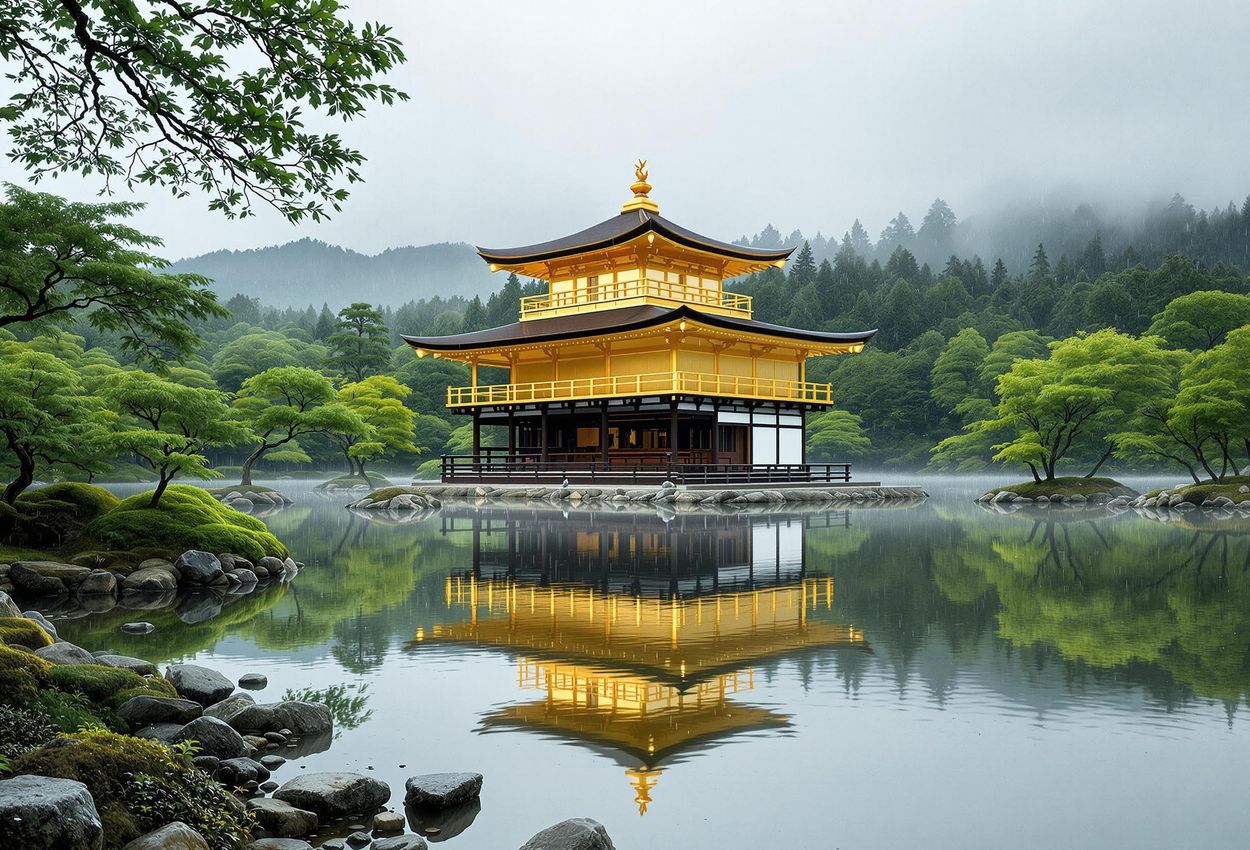 A photograph of the Golden Pavilion (Kinkaku-ji) in Kyoto, Japan, reflected on a misty pond during a rainy day. The gold shimmers in the soft light, surrounded by lush gardens.