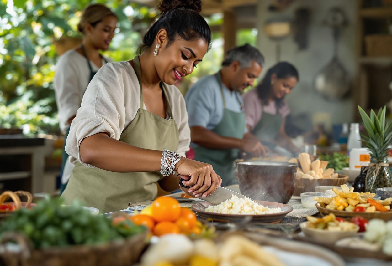 A group of tourists joyfully participates in a hands-on Sri Lankan cooking class, learning to prepare traditional dishes in a rustic open-air kitchen.