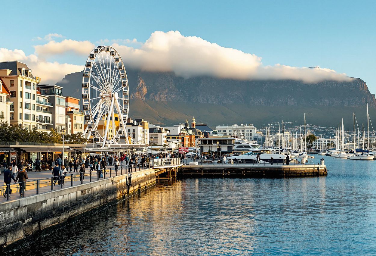 A wide-angle photograph capturing the lively V&A Waterfront in Cape Town during winter, showcasing its luxury shopping, waterfront restaurants, and the majestic Table Mountain in the background.