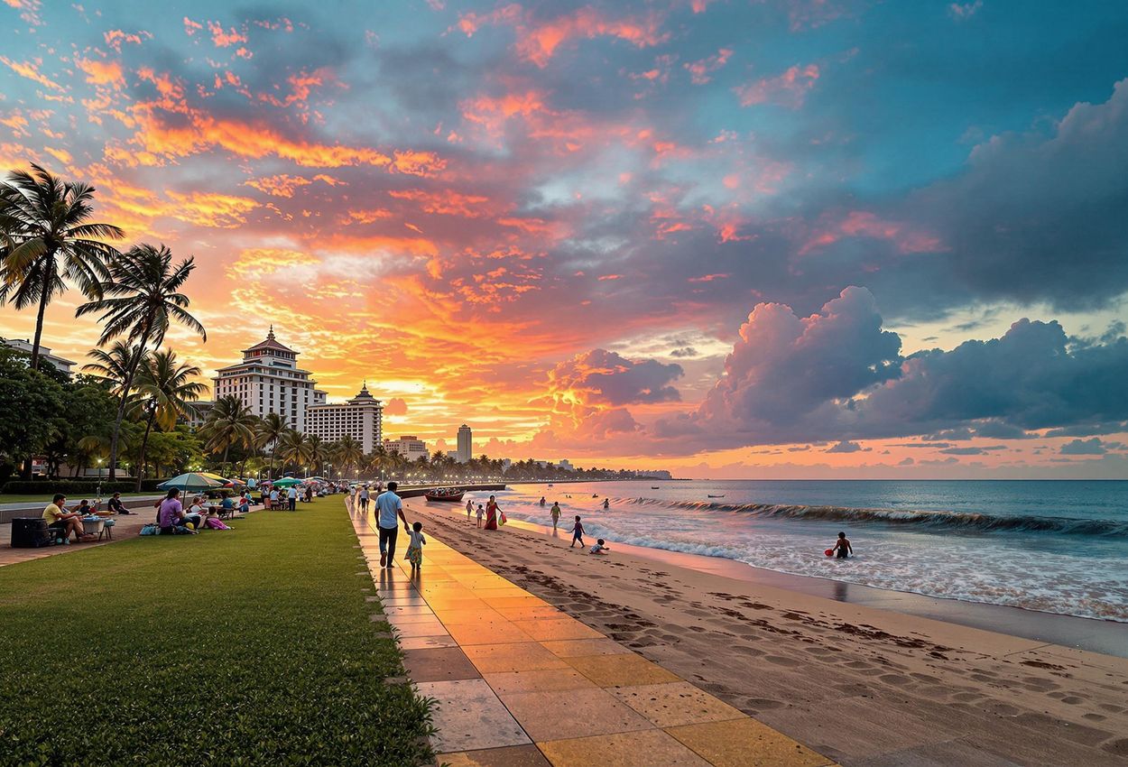 A photograph capturing the lively atmosphere of Galle Face Green in Colombo, Sri Lanka, during a stunning sunset. People stroll, fly kites, and enjoy street food along the coast, with the sky ablaze in orange, pink, and purple hues.