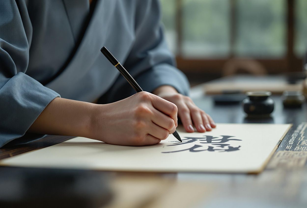 A close-up photograph captures a serene calligraphy class in Kyoto, focusing on a student