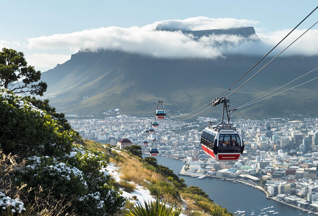 A close-up photograph of the Table Mountain cable car ascending the mountain, carrying passengers enjoying panoramic views of Cape Town in winter.