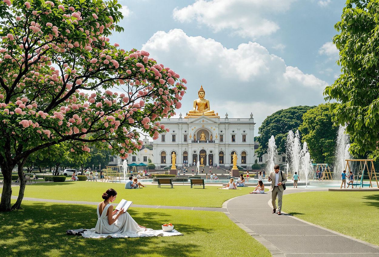 A daytime photograph capturing the tranquility of Viharamahadevi Park in Colombo, Sri Lanka, featuring lush greenery, a golden Buddha statue, water fountains, and people enjoying the park