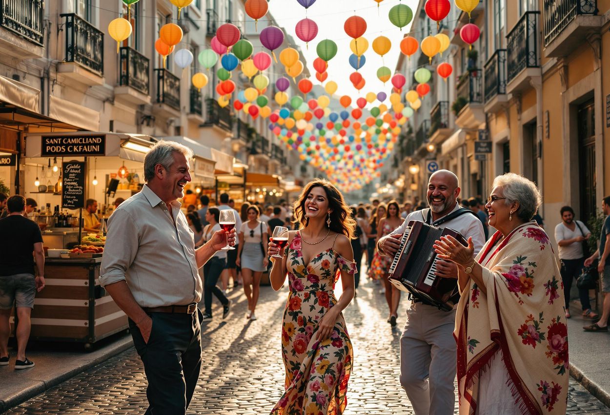 A photograph capturing the lively Santos Populares festival in Lisbon, Portugal. The image showcases a bustling street scene filled with people celebrating, colorful decorations, and traditional Portuguese elements.