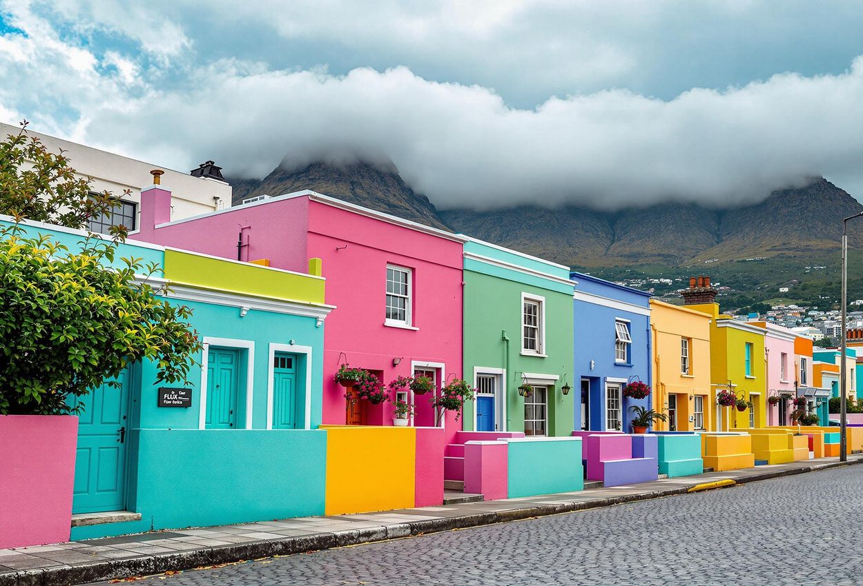 A photograph capturing the vibrant and colorful houses of Bo-Kaap in Cape Town, showcasing its unique Cape Malay culture and architecture under a dramatic winter sky.