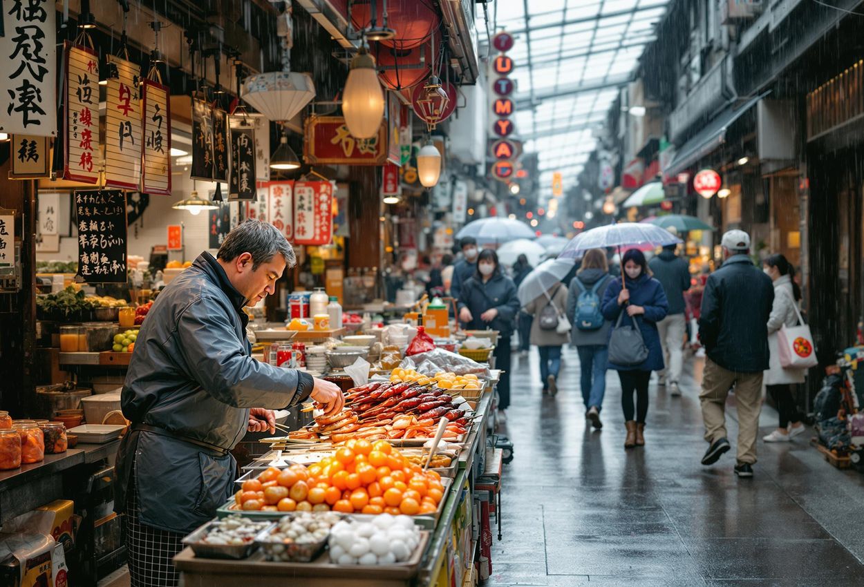 A bustling scene at Nishiki Market in Kyoto, Japan, on a rainy day. The market is filled with colorful food stalls, stylishly dressed people, and the unique atmosphere of Kyoto