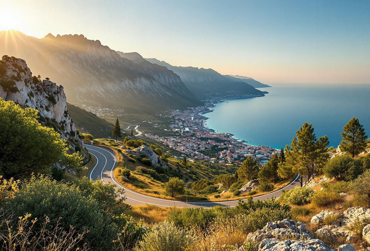 A stunning landscape photograph captures the winding road and coastline from Llogara Pass, Albania, showcasing the Ionian Sea and rugged mountains during the golden hour.