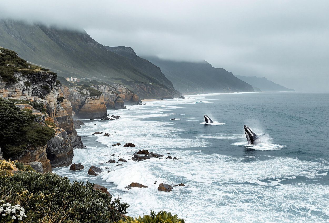 A panoramic photograph captures the majestic Garden Route coastline in winter, featuring Southern Right Whales breaching in the ocean against a backdrop of dramatic cliffs and lush forests.