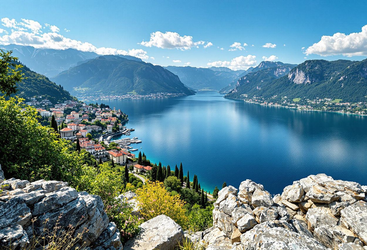 A stunning photograph capturing the serene beauty of Lake Como from a high vantage point, showcasing the vast lake, dramatic mountains, and elegant villas along the shoreline.