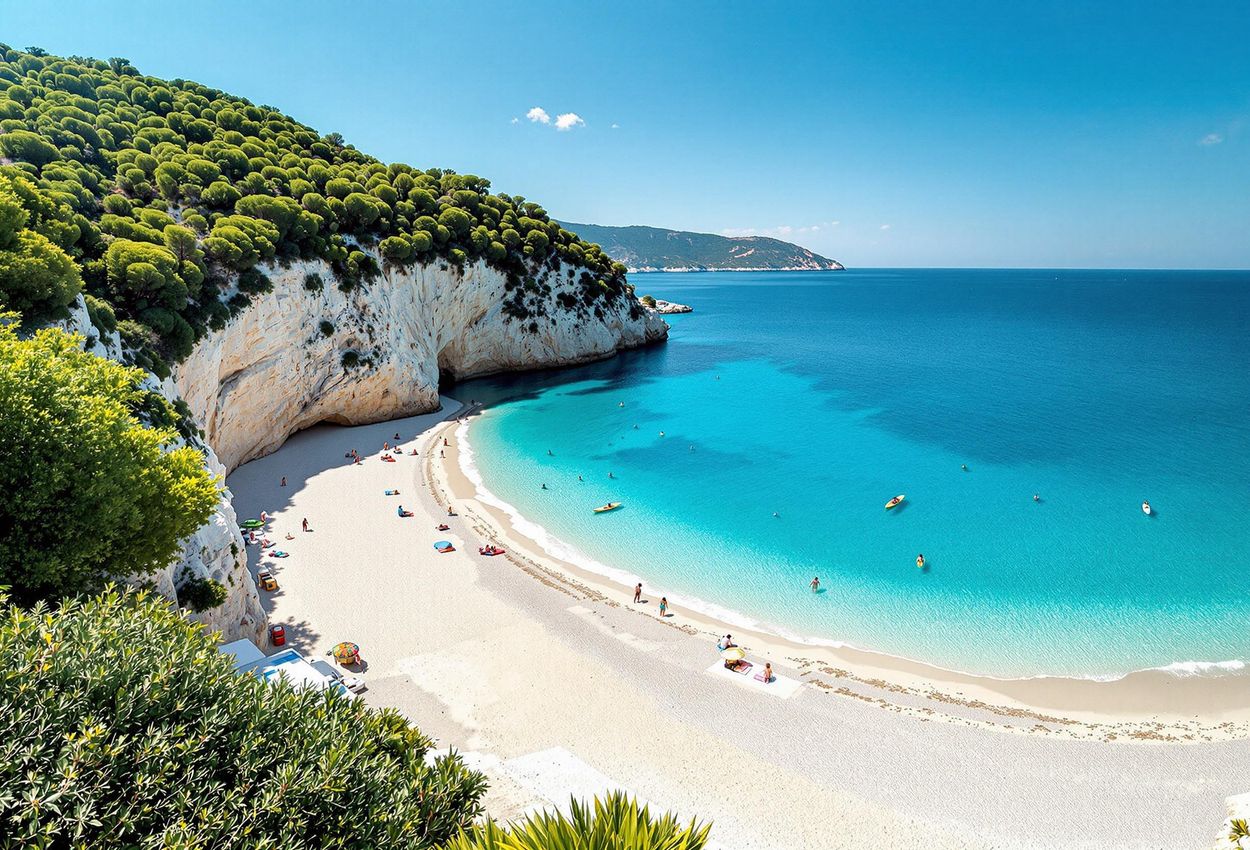 A scenic photograph of Jale Beach in Albania, showcasing its turquoise waters, white sand, and lush green cliffs. A perfect Ionian coastline escape.